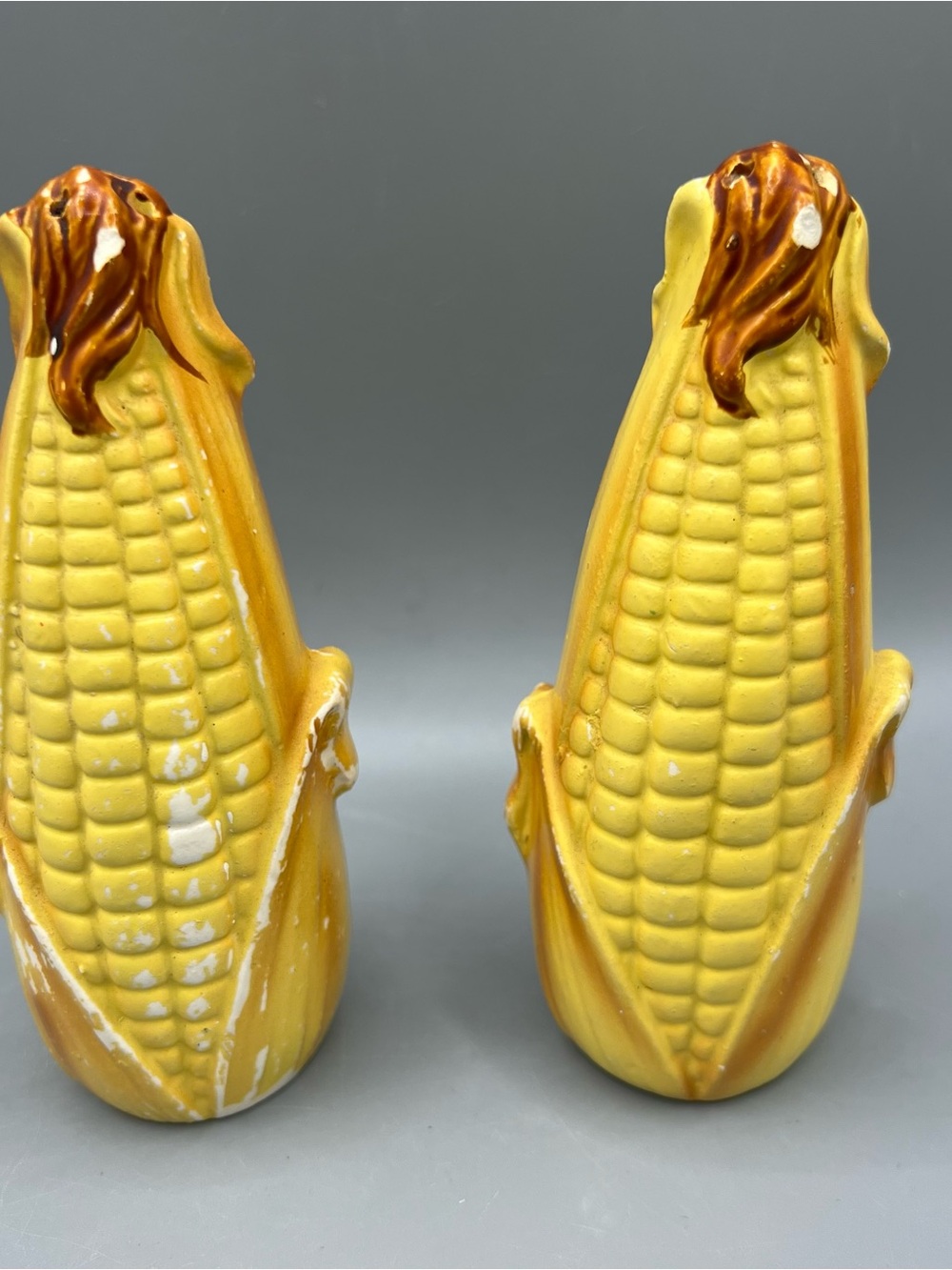 Vintage Corn Cob Salt & Pepper Shakers - Hand Painted - 6" Tall - Japan Yellow